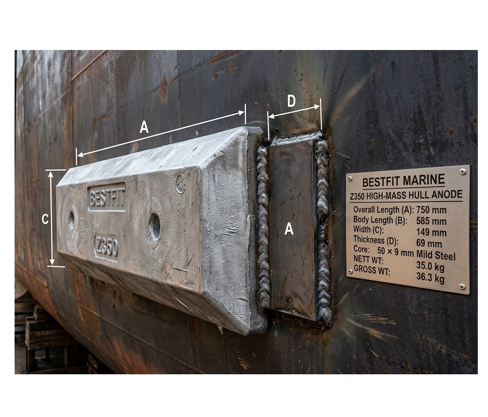 Heavy-Duty Welded Zinc Hull Anode Z350 35kg — Singapore Marine ZINCALLOY Sacrificial Anode